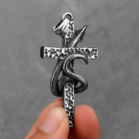 Gravestone Snake Cross Religious Unisex Pendant Necklace, GP1231033 - Picture 3 of 7